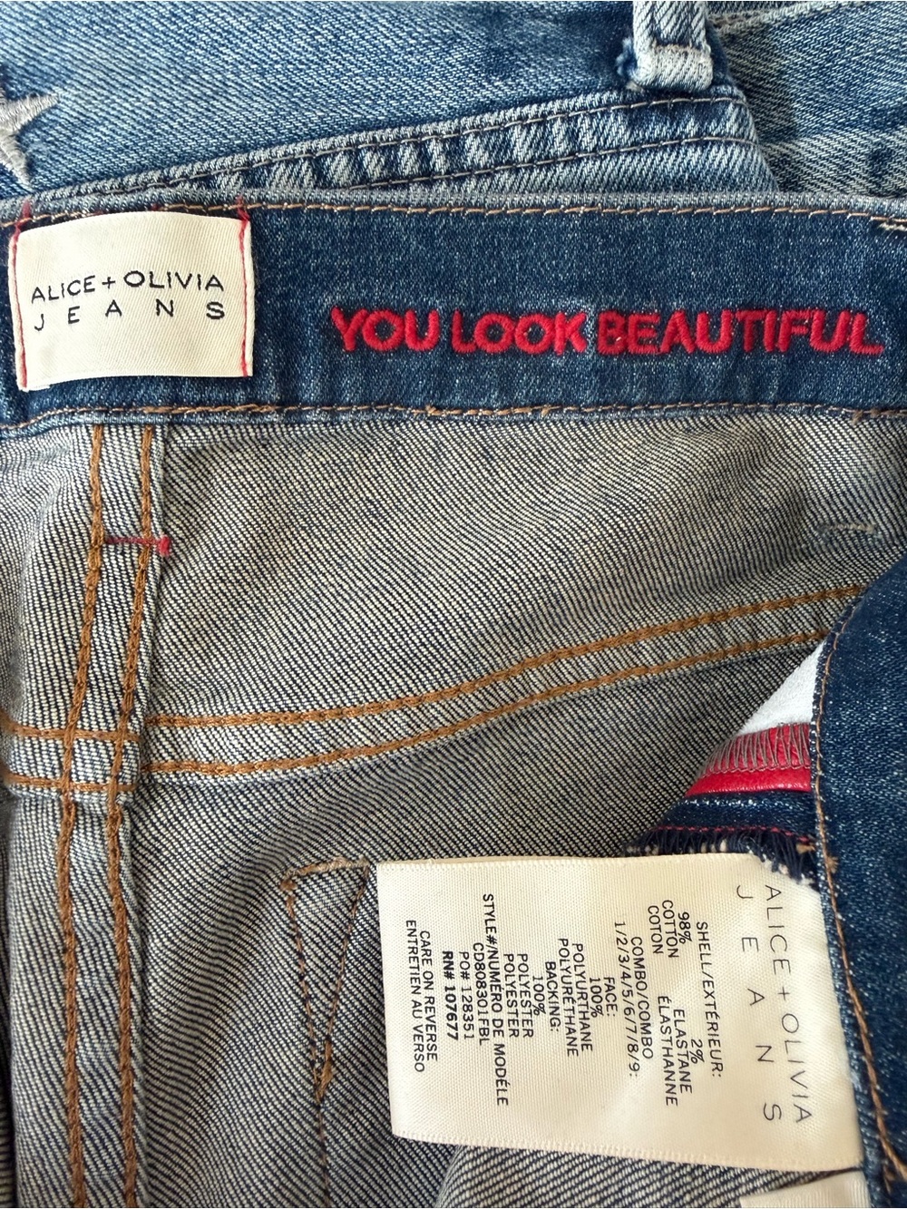 Alice + Olivia High Waisted Flare Jeans with Vegan Leather Patchwork, Size 26 - Picture 13 of 14